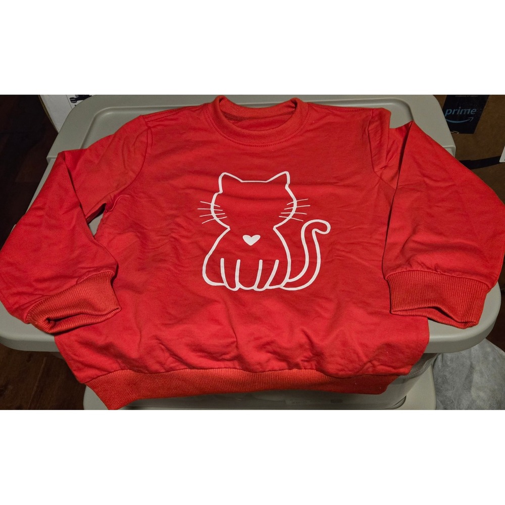 Kids Red Cat Graphic Sweatshirt Cute Heart Top NWOT Size 6-8‎